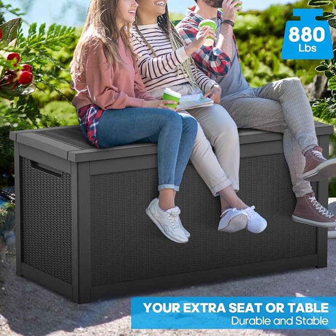 Outdoor Storage Box, 320 Gallon Lockable Resin Deck Box Large Waterproof, Patio Storage Bin for Furniture Cushion, Garden Tools and Pool Accessories, UV-Resistant Bench for Outside, Black