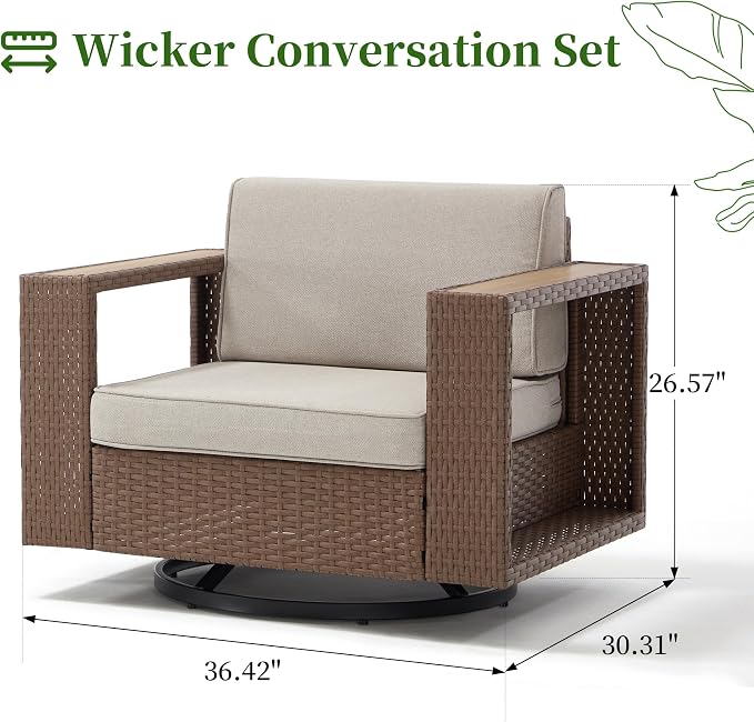 Bonzy Home Wicker Patio Chairs Set of 2, 360° Swivel Rattan Outdoor Accent Chairs with Extra-Thick Soft Cushions and Widened Armrest, Patio Conversation Sets for Porch, Garden Poolside Balcony