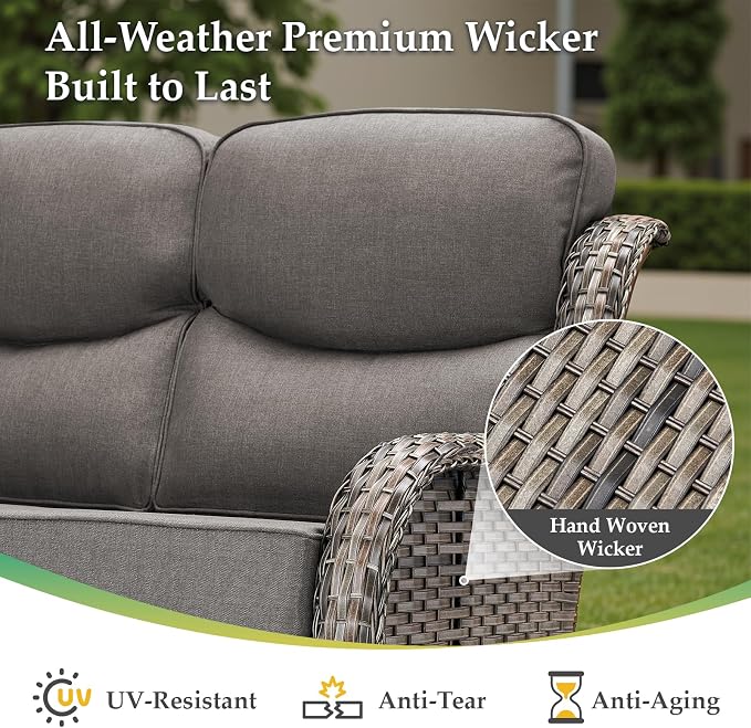 Luxury Outdoor Patio Furniture Set-Wicker High Backrest 3-Seat Patio Sofa with Comfy 6" Cushion, Rattan Couch with Deep Seat All-Weather Patio Conversation Set for Deck Backyard Garden(Grey/Grey)