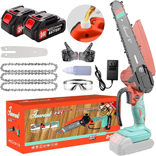 Mini Chainsaw with 2×24V Battery Powered Electric Chain Saw,chain saw are suitable for cutting wood and trimming branches,Mini Chainsaw Cordless With three chains (Orange-blue)