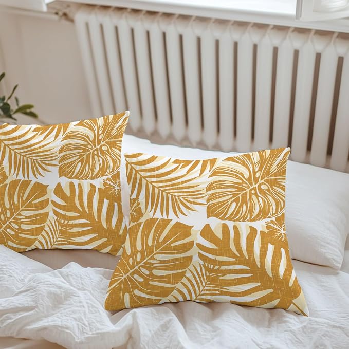 Vintage Yellow Palm Leaves Outdoor Pillow Covers 18"x18" Set of 2, Tropical Botanical Minimalist Modern Waterproof Throw Pillow Covers for Patio Furniture, Decorative Cushion Covers for Porch