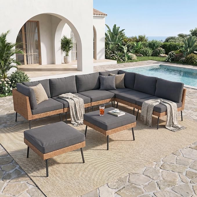 Aoxun 8 Piece Patio Furniture Set, 8 Seats Outdoor Sectional Sofas with Thick Cushion, Wicker Outdoor Patio Furniture Set with Ottomans for Party, Garden, Backyard, Black