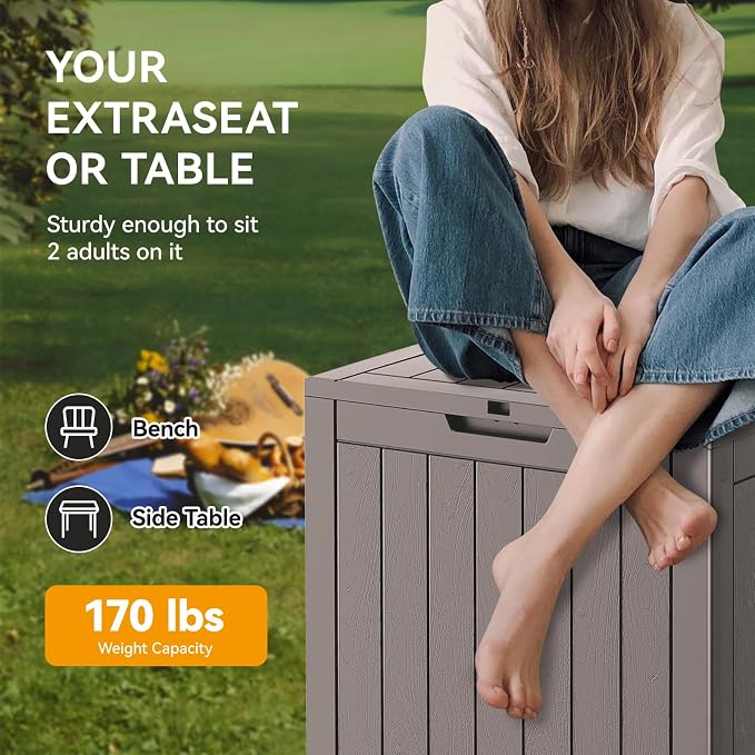 Outdoor Storage Box, 32 Gallon Resin Deck Boxes Outdoor Waterproof For Patio Furniture, Garden Tools, Pool Supplies, Lockable And UV Resistant (Striped Gray)