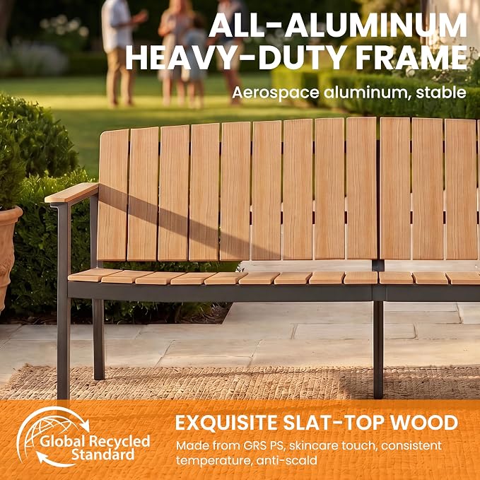2 Pieces Aluminum Patio Furniture Armchair, All-Weather Outdoor Armchair Aluminum Frame HDPS Faux Wood, Patio Sofa Couch Set of 2 for Porch, Balcony, Deck, Yard Nature Wood