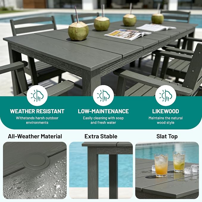 PLUUV 7-Piece Outdoor Patio Dining Set, All-Weather HDPE Dining Furniture Set with Umbrella Hole Cut-Out Table, Aluminum Table Legs, and 6 Chairs, Waterproof & Easy Clean for Backyard, Garden, Grey