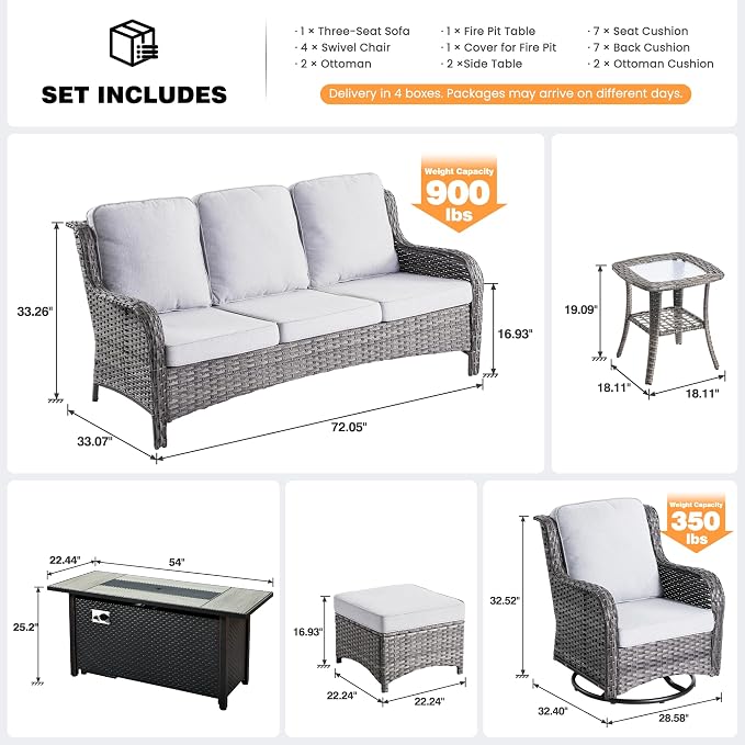 ovios 10-Piece Patio Furniture Set with Swivel Chairs Side Table, Outdoor Wicker Sofa with 54" Fire Pit Table, High Back Couch Modern Conversation Sets, Grey/Grey
