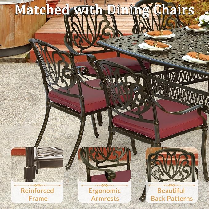 9 Piece Outdoor Patio Dining Set for 8, Cast Aluminium Large Square Dining Table & 8 Cushioned Stackable Chairs, Umbrella Hole, Patio Furniture Set for Garden Porch Poolside, Chili Red