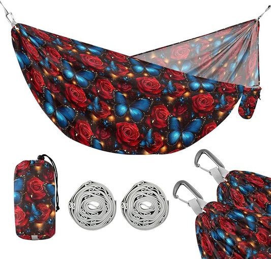 Camping Hammock Outdoor Hammocks for Outside Blue Butterfly Red Rose Beach Trees Portable Lightweight with Pockets Tree Straps Indoor