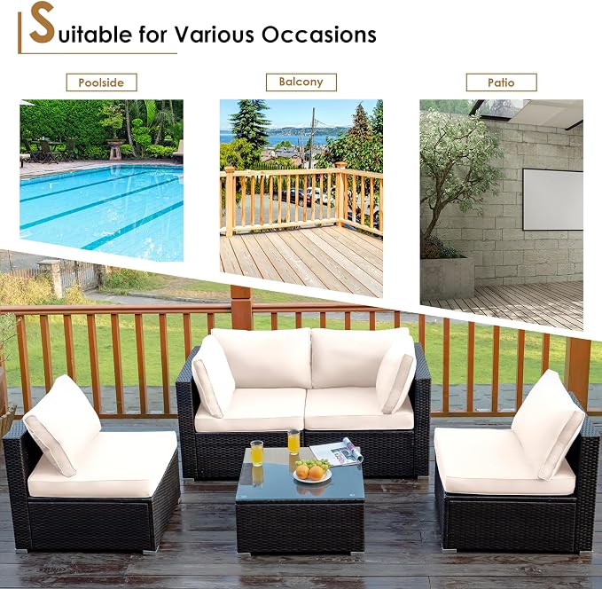 COSTWAY 5-Piece Outdoor Patio Furniture Set, PE Rattan Sofa Chairs with Cushions and Tempered Glass Coffee Table, Conversation Sofa Set for Backyard Garden (White)