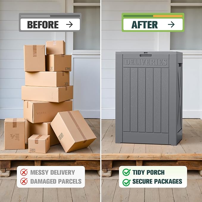 Greesum 52 Gallon Outdoor Resin Package Delivery Box for Porch, Lockable Secure Double-Wall, Waterproof Deck Box for Package Protection, Gray