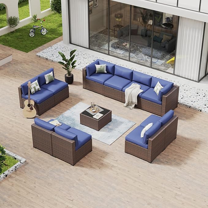 Aoxun 11 Piece Patio Furniture Set Wicker Rattan Patio Conversation Set Outdoor Sectional Sofa Set with Coffee Table and 4” Thickened Cushions, Blue