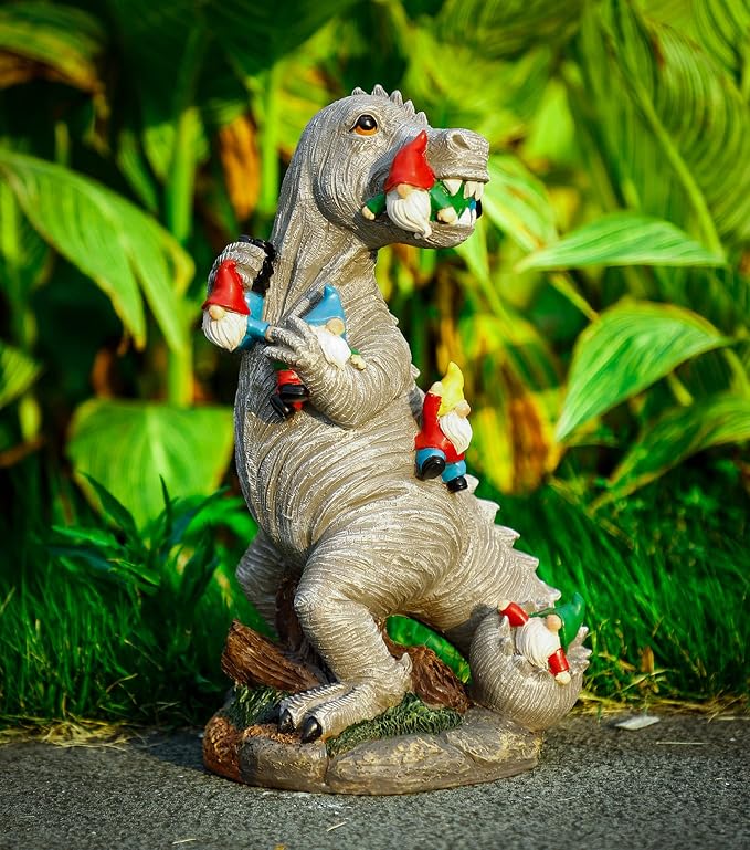 Himaweek Garden Statue Outdoor Decoration, Weatherproof 14” Dinosaur Garden Gnome, Indoor Outdoor Décor Garden Art for Patio Lawn Yard, Gardening Gift for Homeowners