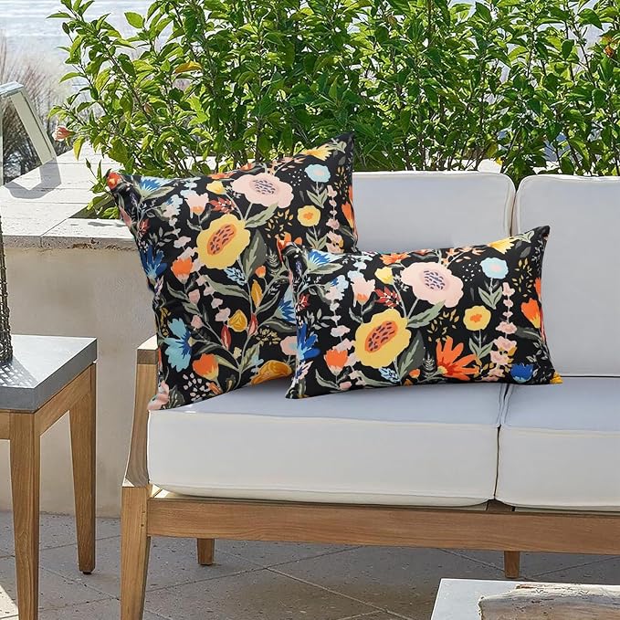 Floral Outdoor Throw Pillow Covers 20x20 Waterproof Colorful Summer Spring Garden Decorative Square Patio Pillows Outdoor Pillows Covers for Patio Furniture Set of 2 (No Pillow Insert)