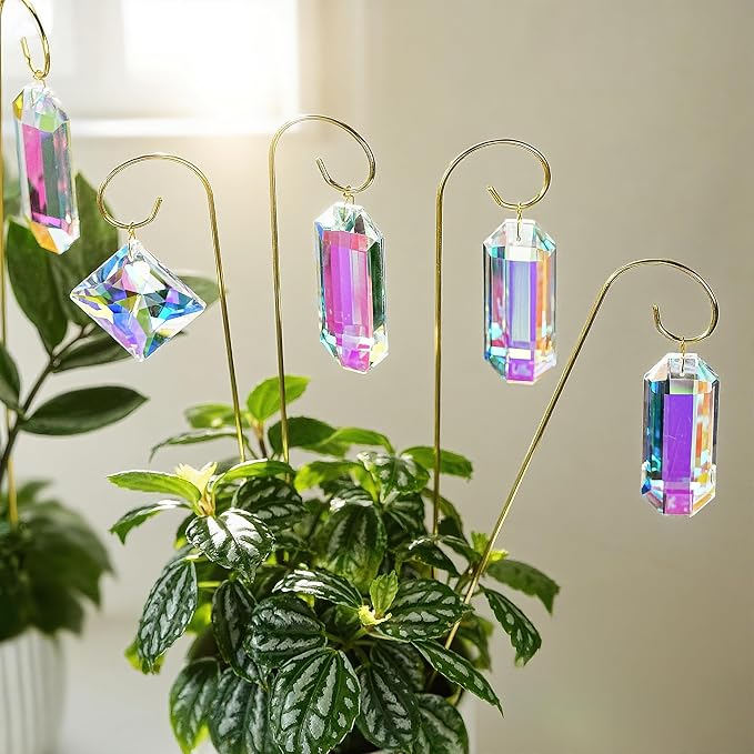 7 Pcs AB Colored Crystal Suncatcher Small Trellis Golden Plant Potted Stake | Crystal Plant Suncatcher Glass Garden Stakes for Potted Plants Indoor Outdoor Decorative Plant Stakes 13.7 Inch