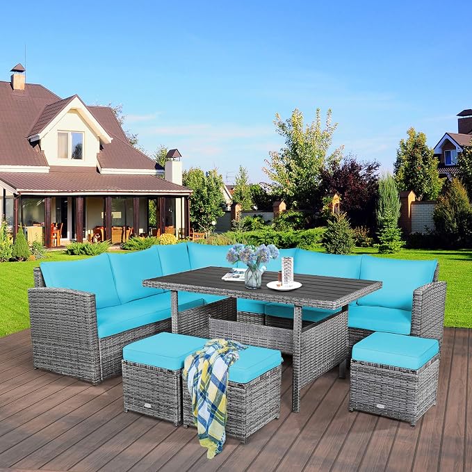 Tangkula 7 Pieces Patio Furniture Set, Outdoor Sectional Rattan Sofa Set with Cushions, All Weather Wicker Conversation Couch Set w/Dining Table & Ottomans for Backyard Garden Poolside (Turquoise)