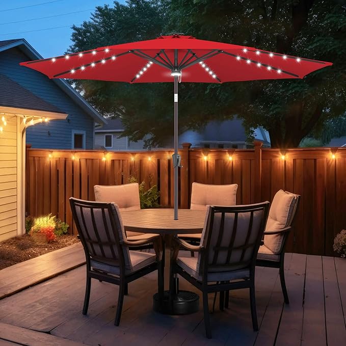 FLAME&SHADE 11 FT Solar Light Patio Umbrella, 40 LED lights outdoor umbrella with Centre Surround Light, Table Market Umbrella for Deck, Pool, Porch, Backyard, Garden, UV Protection, Red