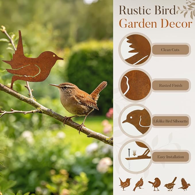 RELBRO Rusty Birds Silhouettes Outdoor Decoration, Metal Fence Art, 5 Pcs | 5 Lifelike Bird Silhouettes, Rustic Finish, Vintage Garden Yard Decor for Fence Gate Window Tree Topper