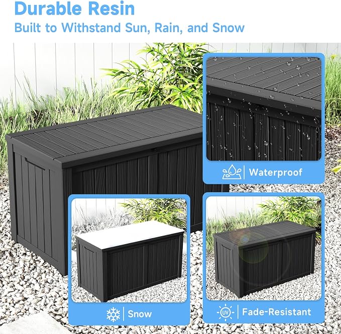ROJIK Outdoor Storage Box, 180 Gallon Waterproof Resin Deck Box with Hydraulic Lid, Large Lockable Storage Bin UV-Resistant for Patio Furniture Cushions, Garden Tools, Pool Accessories, Black