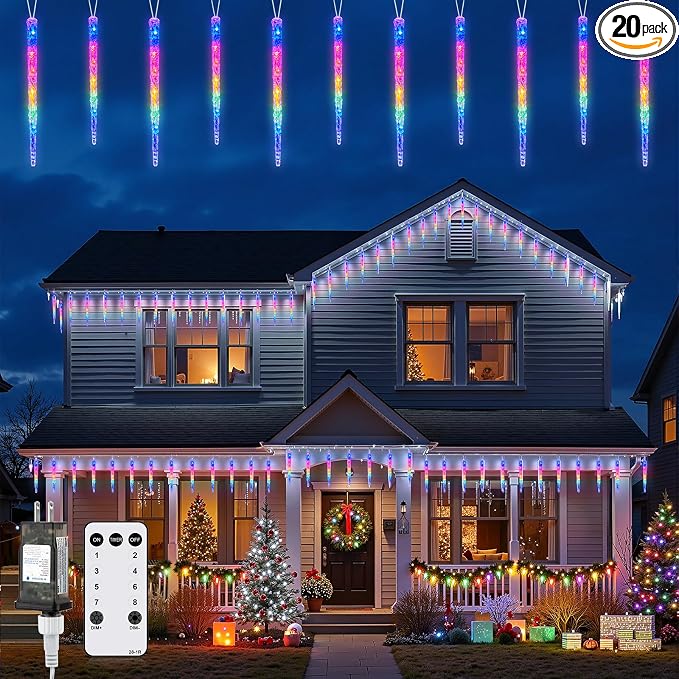 Brightown Icicle Lights Outdoor with Remote, 20ft 100 LED 20 Tubes Connectable Ice Shape Hanging Christmas Lights for Tree Patio Roof Holiday Decor, Multicolor