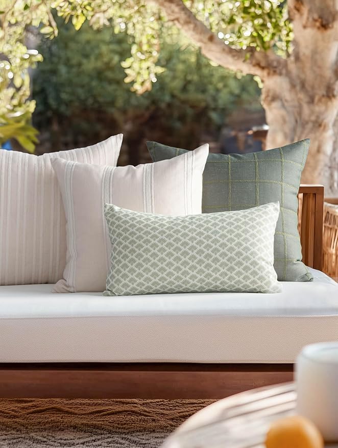 Modern Farmhouse Fall Linen Indoor Outdoor Lumbar Pillow Cover Only, 12"x20" Water Repellent for Patio, Backyard, Couch, Light Green Neutral Ravenala Palm Tree
