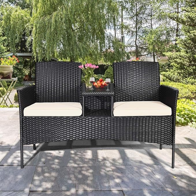 HAPPYGRILL Rattan Wicker Loveseat with Coffee Table Outdoor Patio Loveseat Conversation Sofa Furniture with Cushions for Garden Lawn Backyard Porch