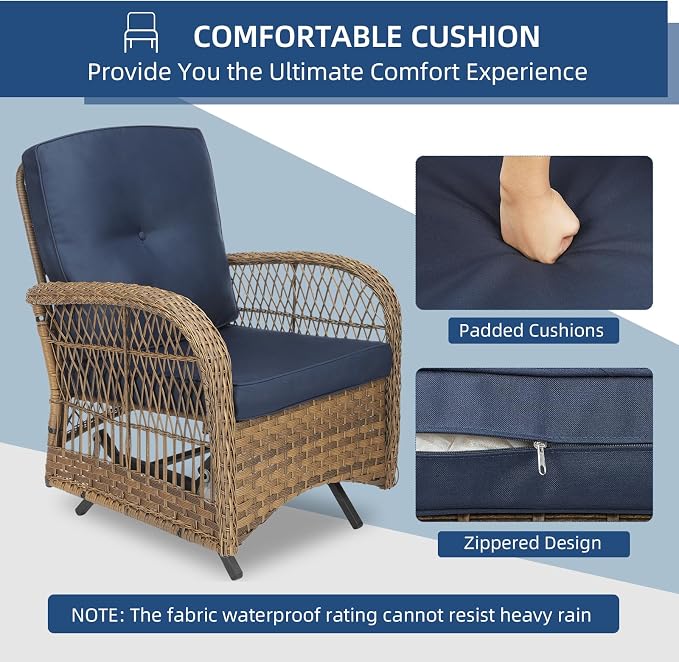 Outdoor Wicker Glider Rocker Chair, Patio Rattan Gliding Rocking Chairs Set of 2 with Thickened Cushions, All-Weather Wicker Furniture Sets for Porch Garden & Backyard, Navy Blue