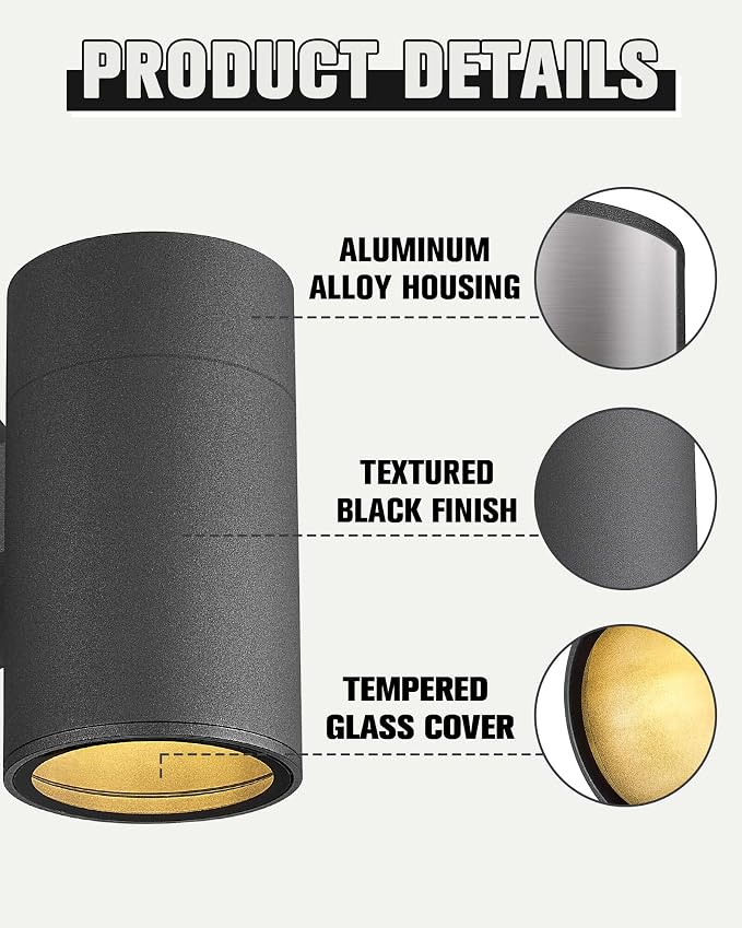 Ken & Ricky Dusk to Dawn Outdoor Wall Sconce Lights,Cylinder，Black ，1 PK | With Glass Cover,Photocell Sensor,No Glare Exterior Lighting Fixtures,E26,For House Front Porch Garage Patio Entryway