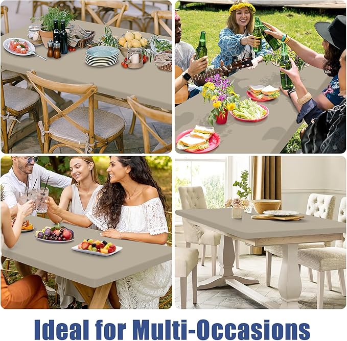 Moosfor Spandex 6 Foot Rectangle Table Cloth 2 Pack, Elastic Fitted Tablecloths for Picnic, Stretch Washable Patio Table Cover for Outdoor, Camping, Banquet and Parties (Taupe, 18"x72")