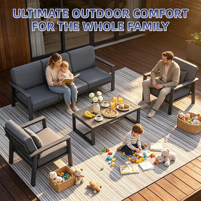 Premium Aluminum Patio Furniture Set 4 Piece,Outdoor Conversation Set with Wide Armrest,5" Thick Cushions, Olefin Fabric,Rustproof Metal Frame,Deep Seating Patio Sofa Set for Backyard,Deck,villa,Gray