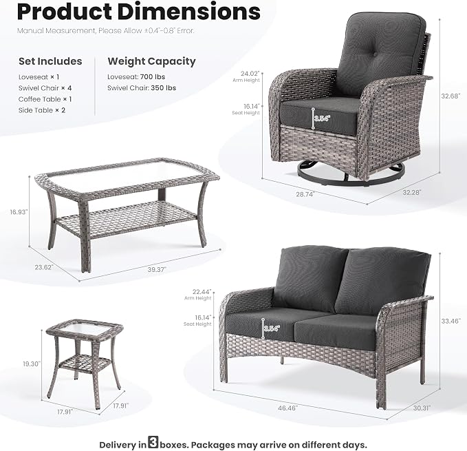 ovios 8-Piece Patio Furniture Set, Outdoor Wicker Sofa with Swivel Chairs Coffee Table, High Back Rattan Couch Loveseat with Comfy Cushions for Porch Yard Deck, Black