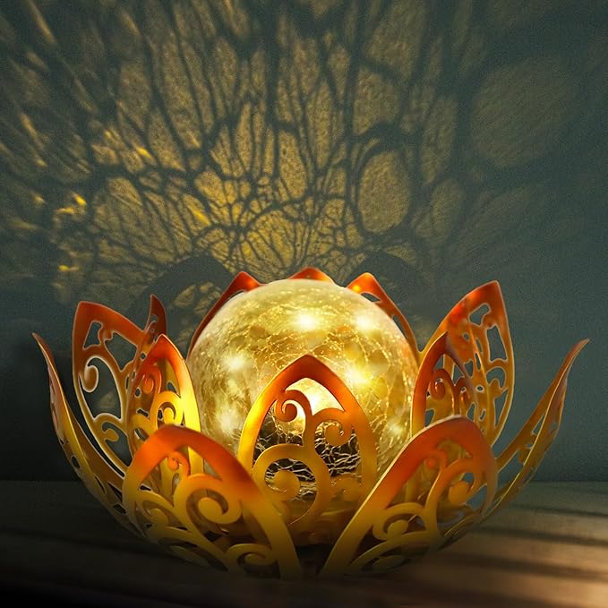 Afirst Solar Lights Outdoor, Lotus Lamp Garden Decor Metal Crackle Glass Solar Lantern Decorative Waterproof Tabletop Landscape Path Light LED Table Light for Patio,Lawn,Walkway,Tabletop,Pathway