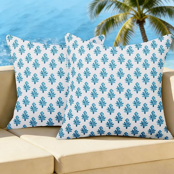Outdoor Pillow Covers 20x20 Set of 2 Boho Blue Floral Accent Print Decorative Throw Pillow Cases for Outdoor Waterproof Patio Furniture Garden Porch Sofa Bed Cushion Covers Home Decor JB005-B20