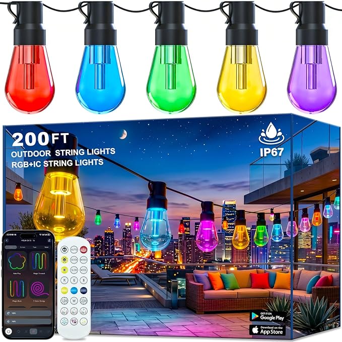 200FT RGB+IC Outdoor String Lights, IP67 Waterproof Dimmable Shatterproof Patio Bulbs with Chasing DreamColor Effect, Smart Decorative String Lights for Backyard, Garden, Balcony & Outdoor Areas