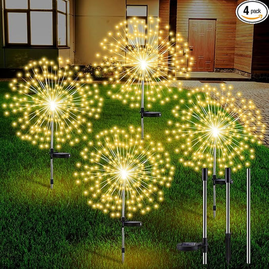 Tujoe 4 Pack Halloween Outdoor Garden Decoration Solar Firework Lights | 200 LED Solar Firework Lights, 8 Lighting Modes, 32" to 51" Height, Outdoor Garden Yard Pathway Party Decoration, Warm
