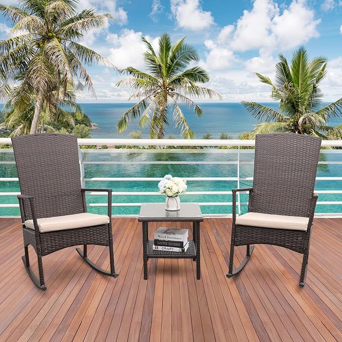 Outdoor HDPE Wicker Rocking Chair 3-Piece Patio Rattan Bistro Set 2 Rocker Armchair and Glass Coffee Side Table Furniture Washable Lacing Cushions, Khaki