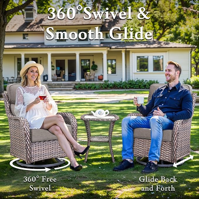 Luxury High Back Outdoor Furniture with 6-inch Extra Thick Cushions, Patio Furniture Set with Swivel Chairs, 4 PCS Wicker Patio Set for Yard, Deck, Poolside, Brown/Grey