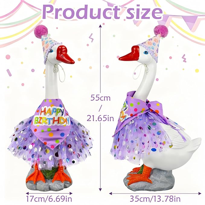 Large Porch Goose Outfits Set Decor - 20" Porch Goose Statue with Birthday Costume Gift for Mom Girl Boy ,Indoor or Outdoor Decorative Figurine for Garden Patio Lawn Entryway Accent,Housewarming Gifts