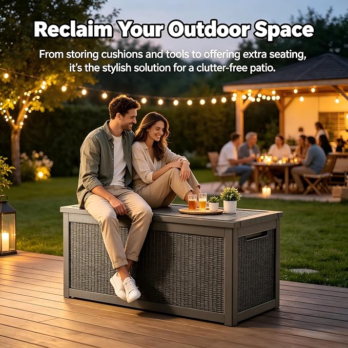 328 Gallon Waterproof Outdoor Storage Box, Heavy Duty Resin Deck Box Lockable, Large Outside Patio Storage Bench for Garden Tools & Pool Accessories,Hydraulic Lift, All-Season UV-Resistant, Gray Brown