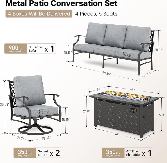 SUNSHINE VALLEY 4 Piece Metal Outdoor Patio Furniture Sets with 5000 BTU Firepit Table, Patio Conversation Sets 1 3-seater Sofa, 2 Swivel Chair with 5.75" Thick Cushion, Black Backyard Furniture, Gray