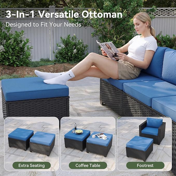 Aoxun Patio Furniture Set, 5 Piece Outdoor Sectional Sofa with Ottomans, Wicker Outdoor Furniture Conversation Sets with Waterproof Cover for Backyard Navy Blue