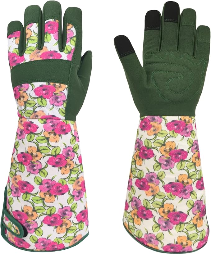Thornproof Rose&Cactus Gardening Gloves,Gauntlet Garden Glove,Gifts | Canvas,Cute Floral Pattern,Leather Palm,Touchscreen,Durable Material,Garden Gift,Men&Women,Machine Washable,Adjustable Cuff