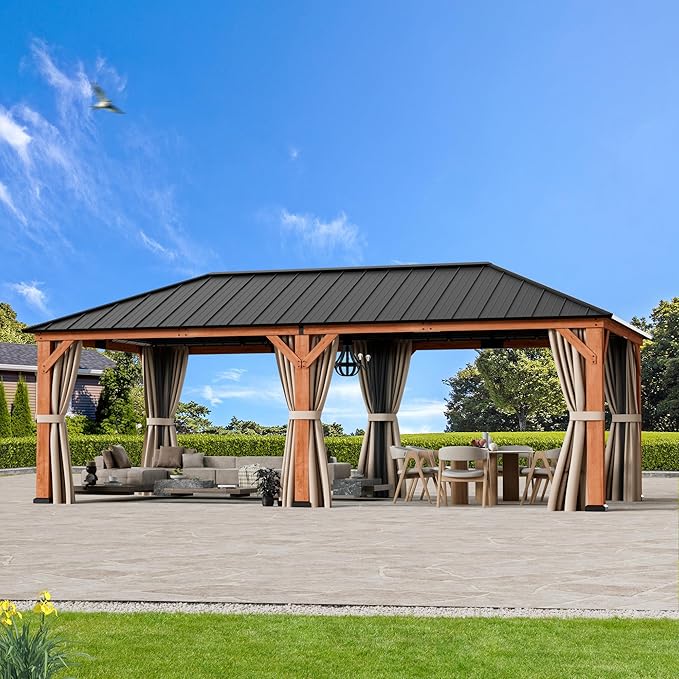 Modern Shade Tranquil Grove Wood Gazebo 12' x 24', Permanent Hardtop Gazebo with Galvanized Steel Roof, Mosquito Netting and Curtains, Cedar Outdoor Gazebo with Sturdy Hooks for Backyard