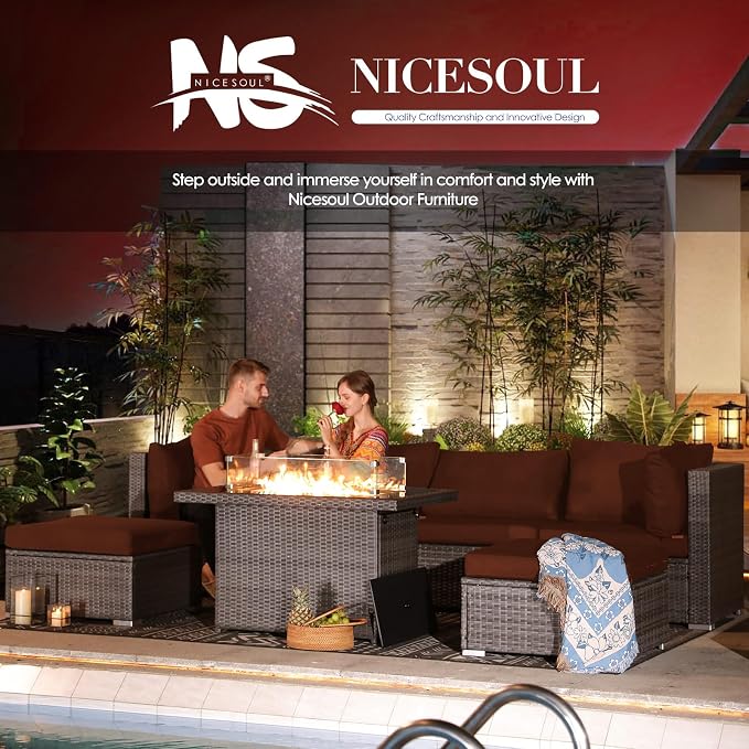 NICESOUL 20 Piece Extra Large Patio Furniture Set w/Fire Pit Table & Chaise Lounge, Modern Luxury Outdoor Group Seating w/Firepit, Comfortable 29.3" High-Back Sectional Couch Deep Seat, Gray & Red