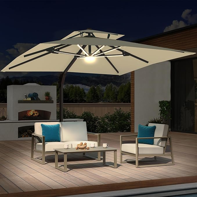10x10 FT Cantilever Patio Umbrella with Base and Led Lights Double Top Outdoor Square Large Heavy Duty Aluminum Offset Umbrellas with 7 Level Tilt 360-degree Rotation for Pool Garden Deck, Beige
