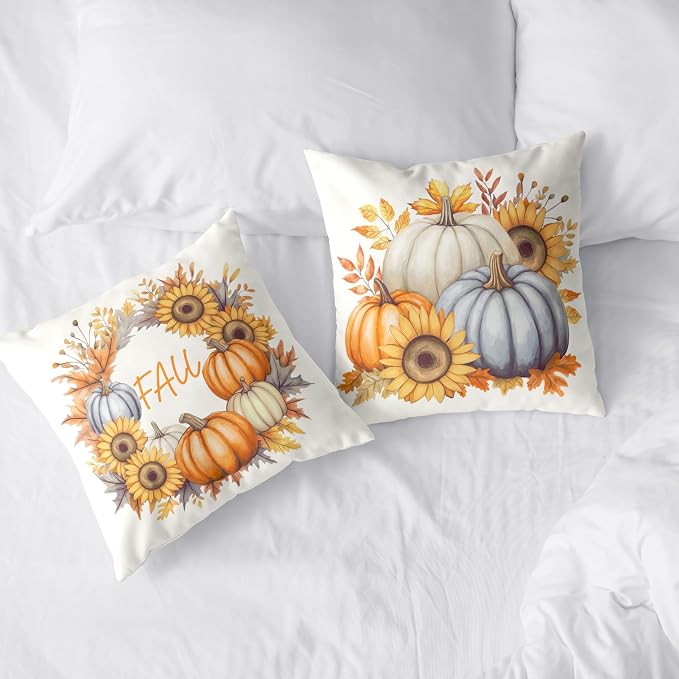 Fall Pillow Covers 20x20 Set of 2 Colorful Pumpkin Sunflower Wreath Throw Pillow Covers Autumn Harvest Pillow Case Thanksgiving Cushion Case for Home Decor Couch Sofa