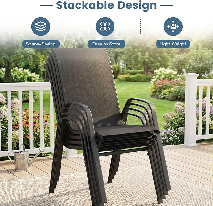DIFY 7 Piece Outdoor Dining Set, 50" Black Round Metal Dining Table and Dark Grey Textilene Stackable Patio Chairs, Patio Table and Chairs Set for 6 with Umbrella Hole for Backyard Garden Deck