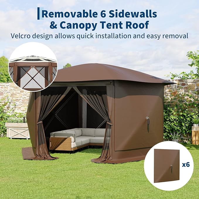 GarveeLife 13x13FT 6-Sided Pop Up Canopy Tent，One-Push Setup Canopy Tent with Removable Canopy Top & Wind Cloths, Outdoor shelter for Camping, Backyard Parties, Outdoor Events - Beige & Khaki