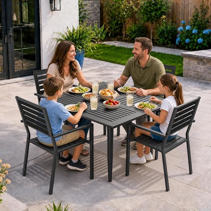 Pamapic 5-Piece HDPE Outdoor Dining Set, All-Weather Patio Furniture Set with Powder-Coated Iron Frame, Outdoor Table & 4 Stackable Chairs for Garden, Backyard, Poolside, Deck