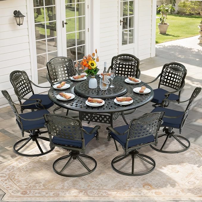 9-Piece Patio Furniture Dining Set, Cast Aluminum Outdoor Conversation Set- 61" Round Patio Dining Table with Detachable Lazy Susan & 8 Cushioned Swivel Rocker, Umbrella Hole, Navy Blue