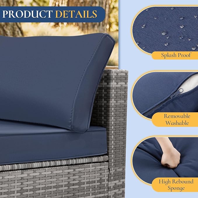 FHFO 14 Piece Outdoor Wicker Patio Furniture Set, Grey/Blue | Sectional Sofa | All-Weather Hand-Woven Rattan | Tempered Glass Coffee Table | Free Combination | Indoor & Outdoor Use